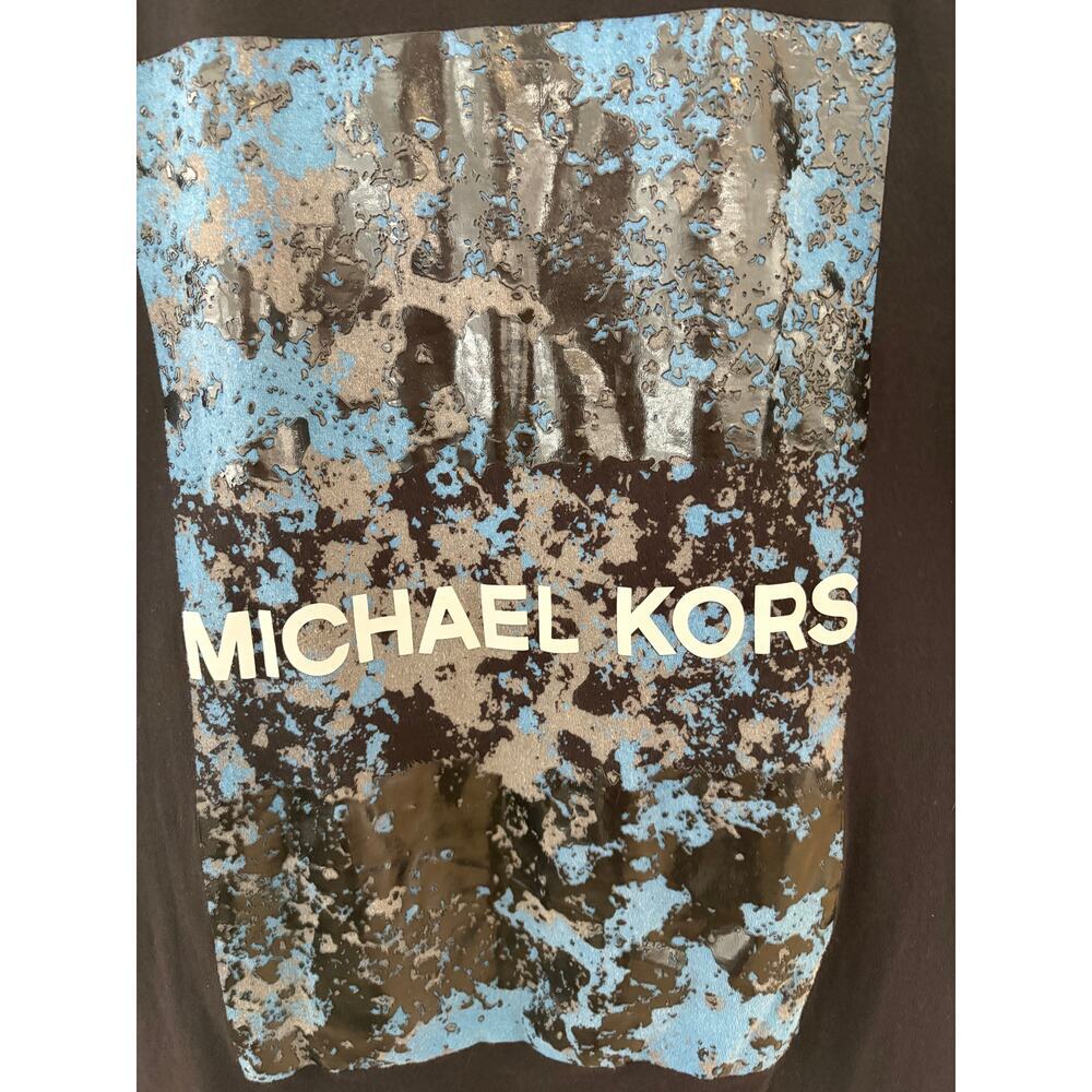 Michael Kors Graphic Logo T-Shirt Black Blue Paint Print Medium 100% Cotton - Picture 2 of 5